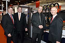 Michael Merkle, head of Bystronic&rsquo;s waterjet division, Paul Staniforth of Access Engineering, Mark Thornhill of Access Engineering and Dave Larcombe, managing director of Bystronic UK Limited.